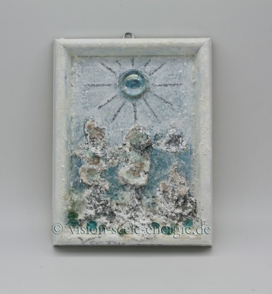 Silbernes Kristallufer - Kristall-Relief - 12 x 16 cm - Original-Bild auf Holzgrund mit Rahmen